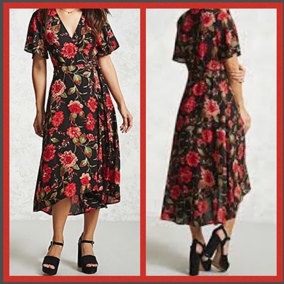forever 21 black dress with red flowers